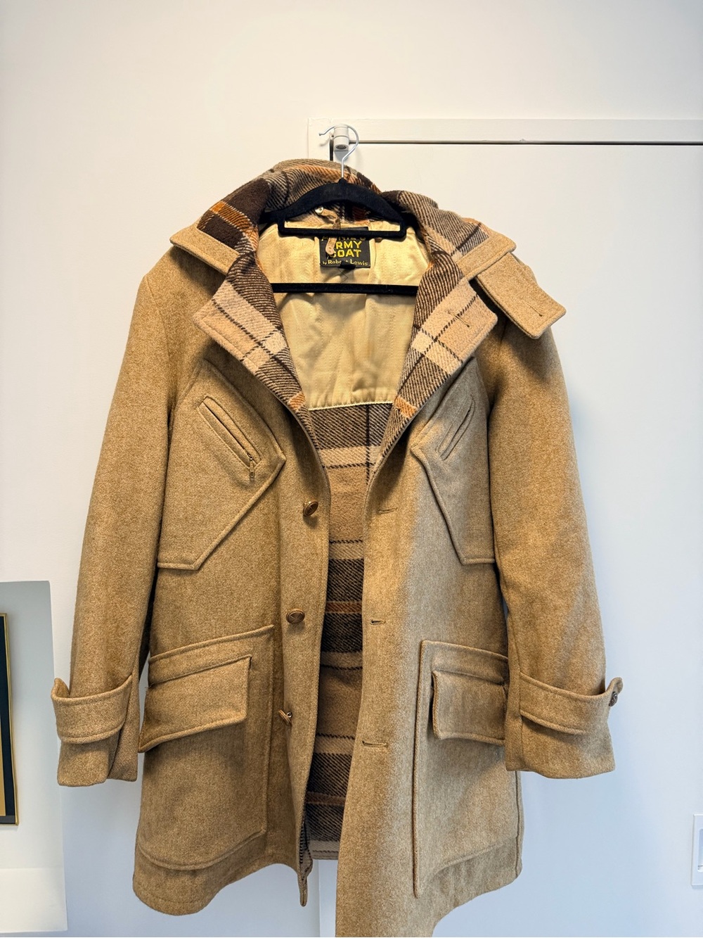 Arnie’s Army Coat Classic Tan Wool Blend Men's Coat with Plaid Lining